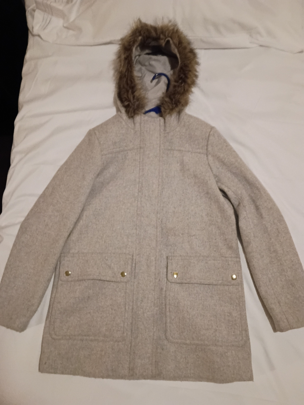 J. Crew Woman's Cream Hooded Pea Coat with Faux Fur Trim
